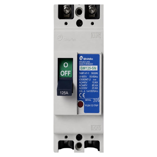 A Shihlin BM125-SN modular wave power circuit breaker module, featuring a white plastic housing, a blue and white technical specification label, and a green OFF switch.