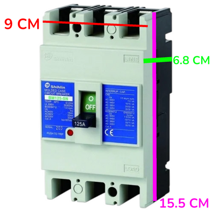 A Shihlin molded circuit breaker with dimension annotations showing 9 cm width, 6.8 cm side depth, and 15.