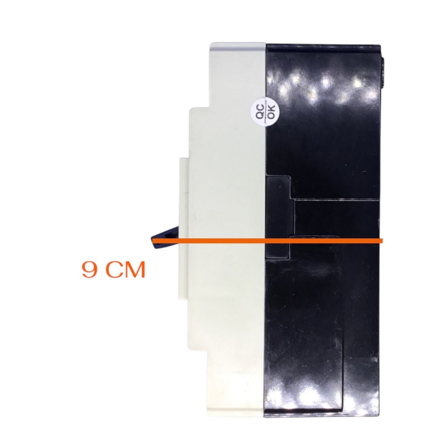 A replacement electronic component, likely a battery or module, shown from the side with a black and white plastic casing. An orange horizontal line indicates a dimension of 9 cm.