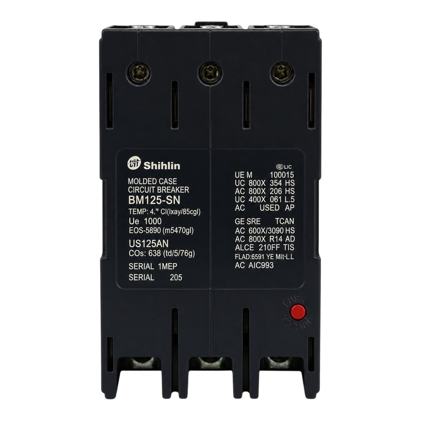 Shihlin BM125-SN molded base circuit breaker in black plastic with white technical specifications printed on the front and a small red reset button.