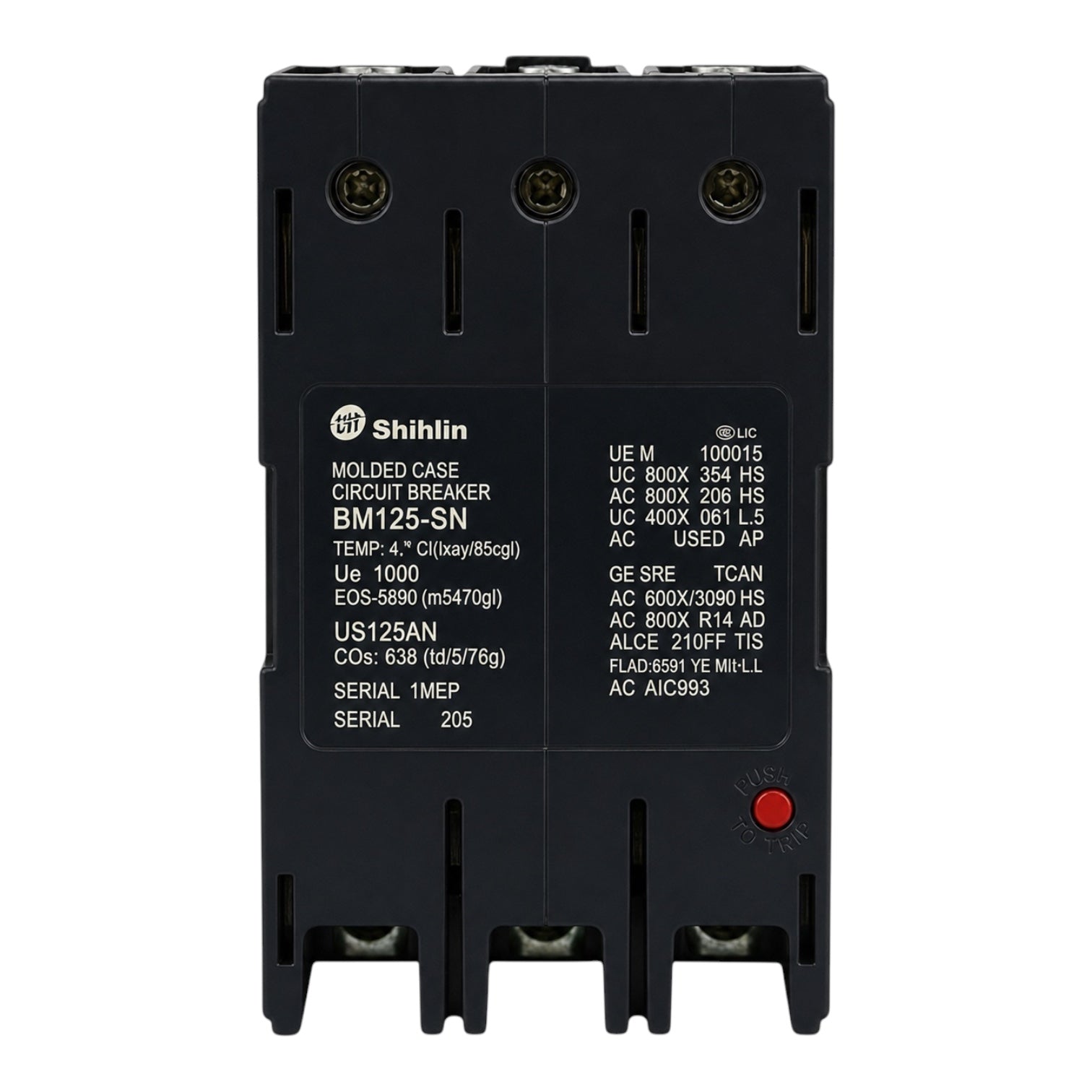 Shihlin BM125-SN molded base circuit breaker in black plastic with white technical specifications printed on the front and a small red reset button.