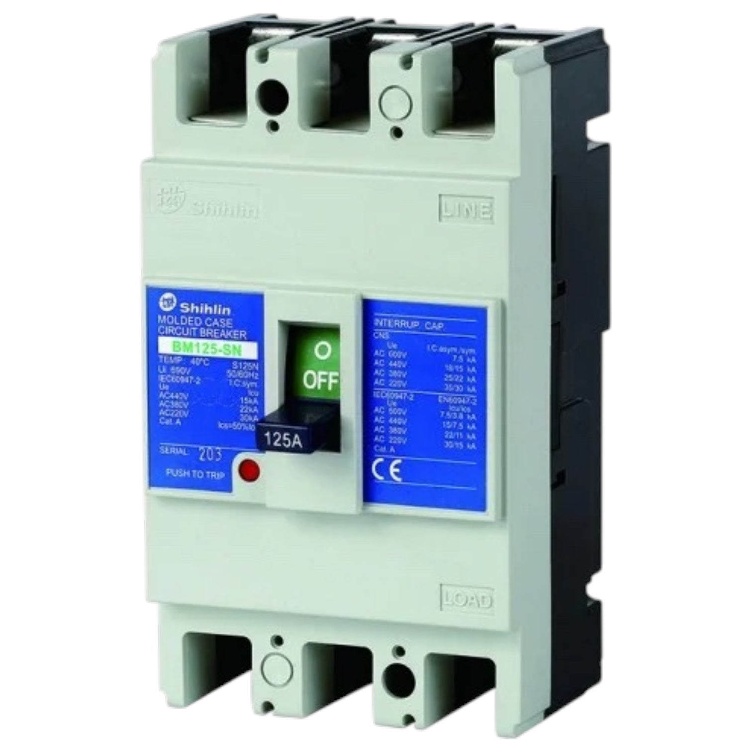 Shihlin L16M-20-24 AC circuit breaker with a light gray plastic housing, black side panel, blue label panels, and a green OFF switch.