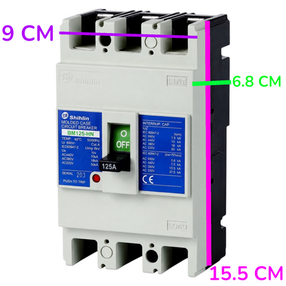 A Shihlin BM125-HN circuit breaker shown on a white background with purple, green, and pink dimension lines indicating 9 cm, 6.8 cm, and 15.