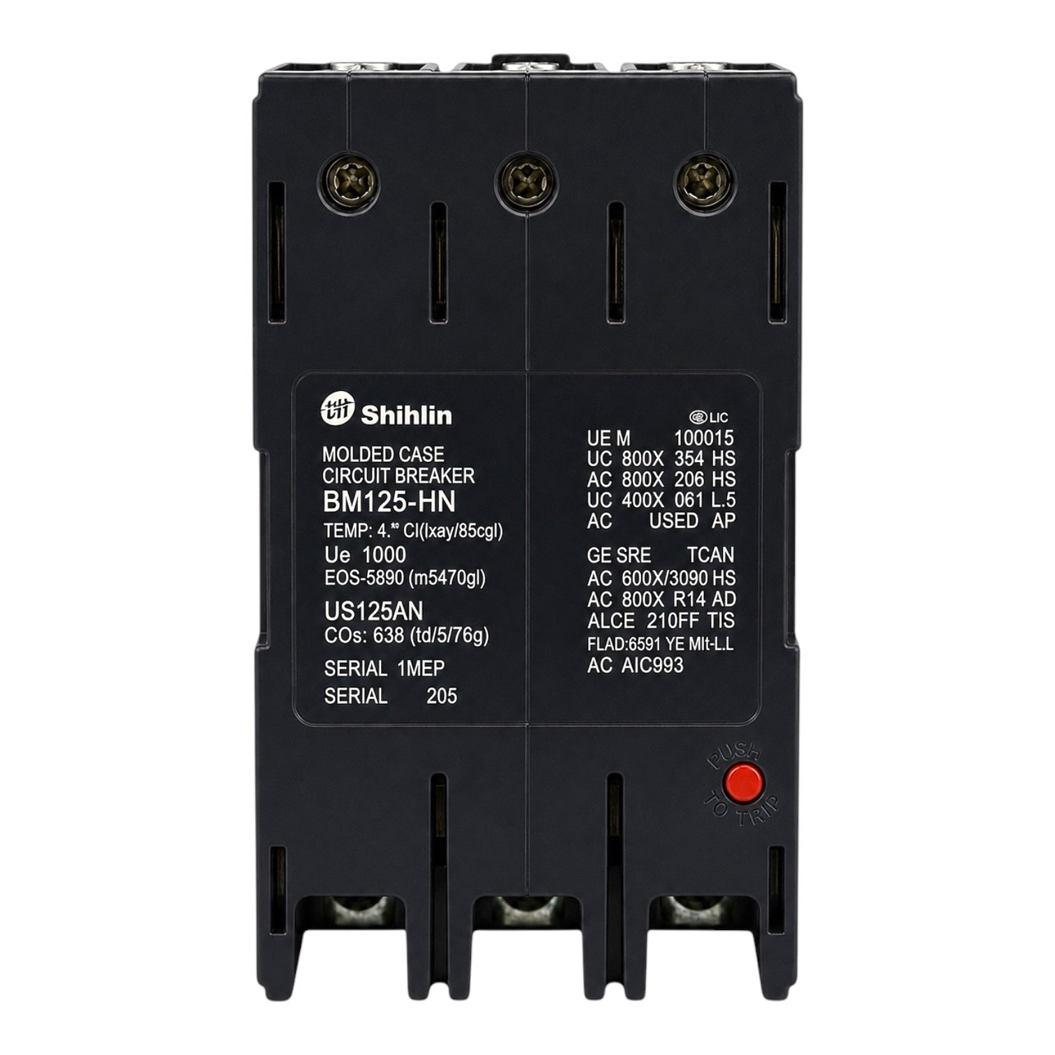 Shihlin BM125-HN molded case circuit breaker, black plastic with white printed technical specifications and a small red emergency stop button, shown on a white background.
