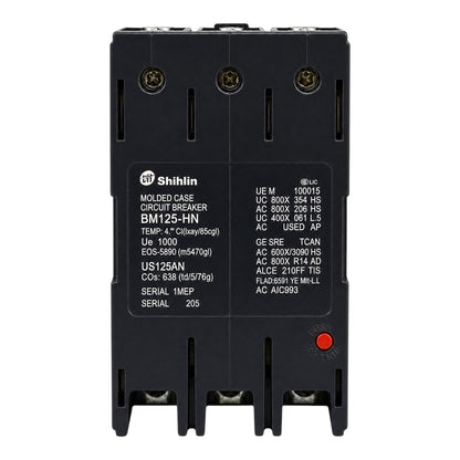 Shihlin BM125-HN molded case circuit breaker, black plastic with white printed technical specifications and a small red emergency stop button, shown on a white background.