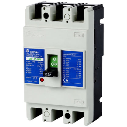 Shilin BM125-HN modular circuit breaker with a gray plastic housing, black internal components, blue specification labels, and a green power switch.
