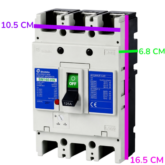 A Shihlin circuit breaker with dimension annotations showing 10.5 cm across the top, 6.8 cm on the right side, and 16.