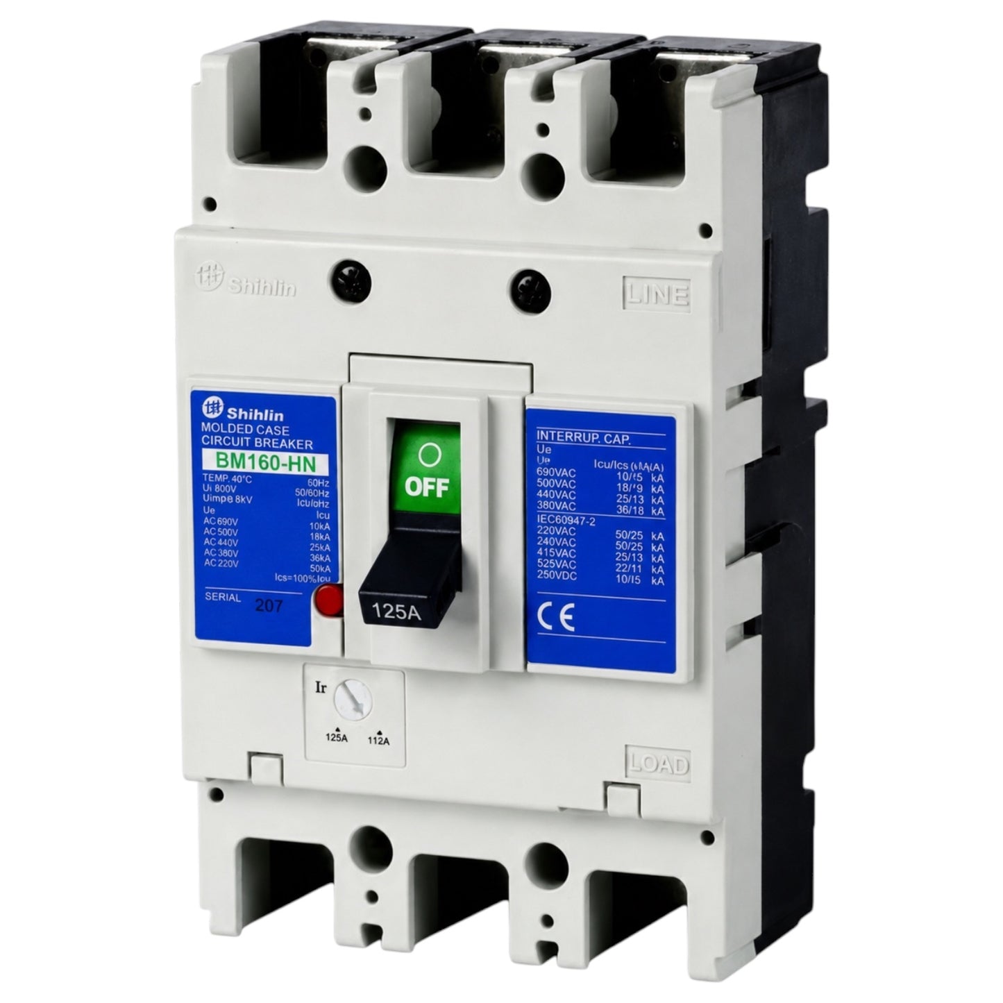 Shinlin BM160-HN 125A marine circuit breaker with a white plastic housing, black terminal covers, blue technical labels, and a green/off switch.