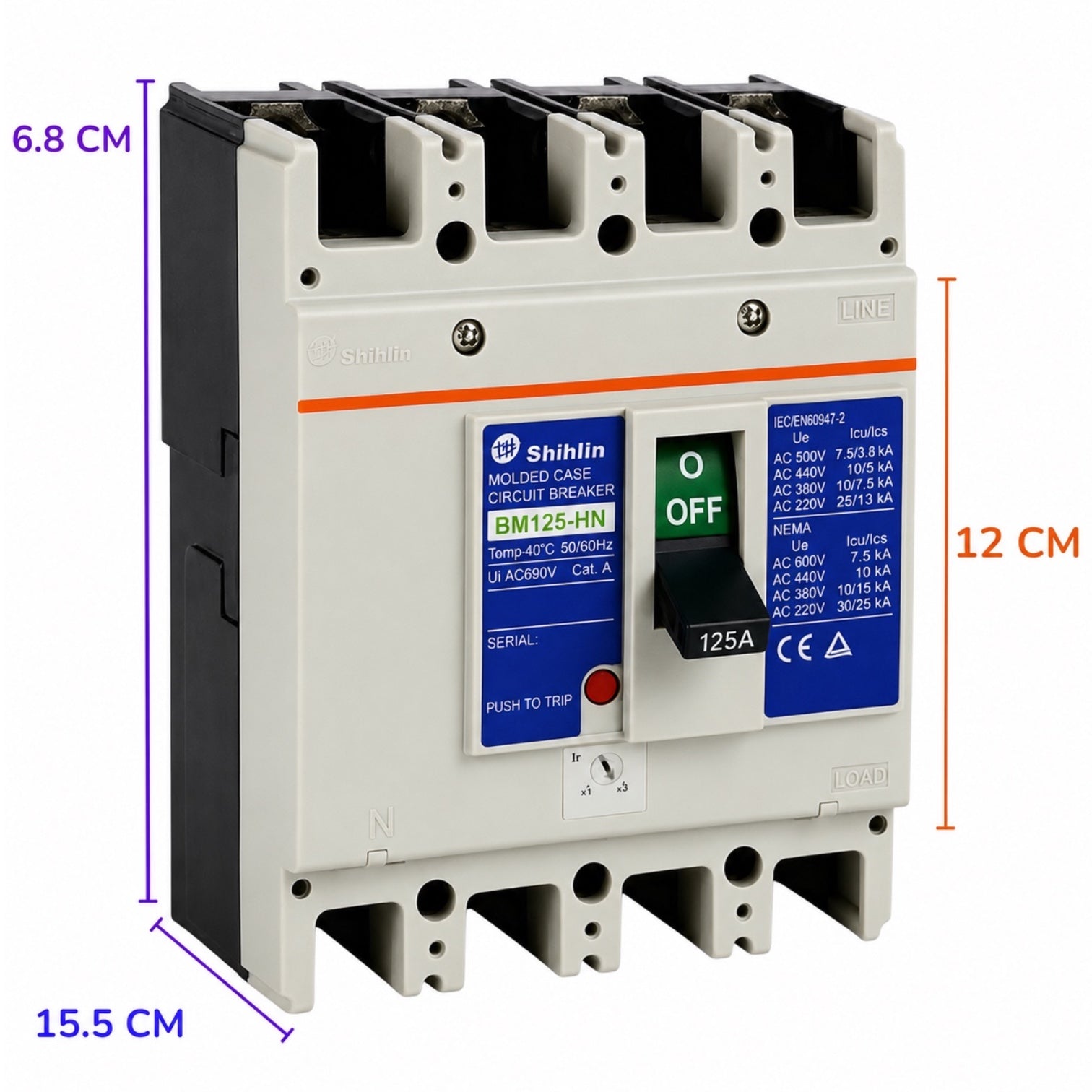 Shihlin BM125-HN AC circuit breaker with a light gray plastic housing, black side panel, blue label panels, and a green OFF switch.