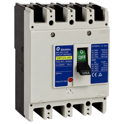 Shihin BM12S-HN molded gas circuit breaker with a white plastic housing, dark gray side panel, and a blue and red front label showing its specifications.