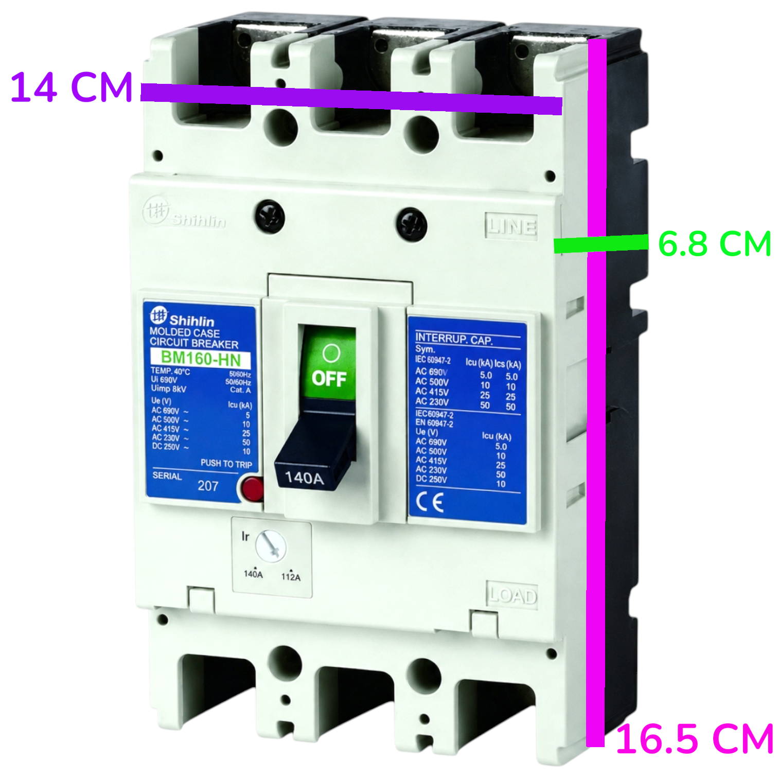 A Shihlin electrical circuit breaker with dimension overlays showing 14 cm width, 6.8 cm side depth, and 16.