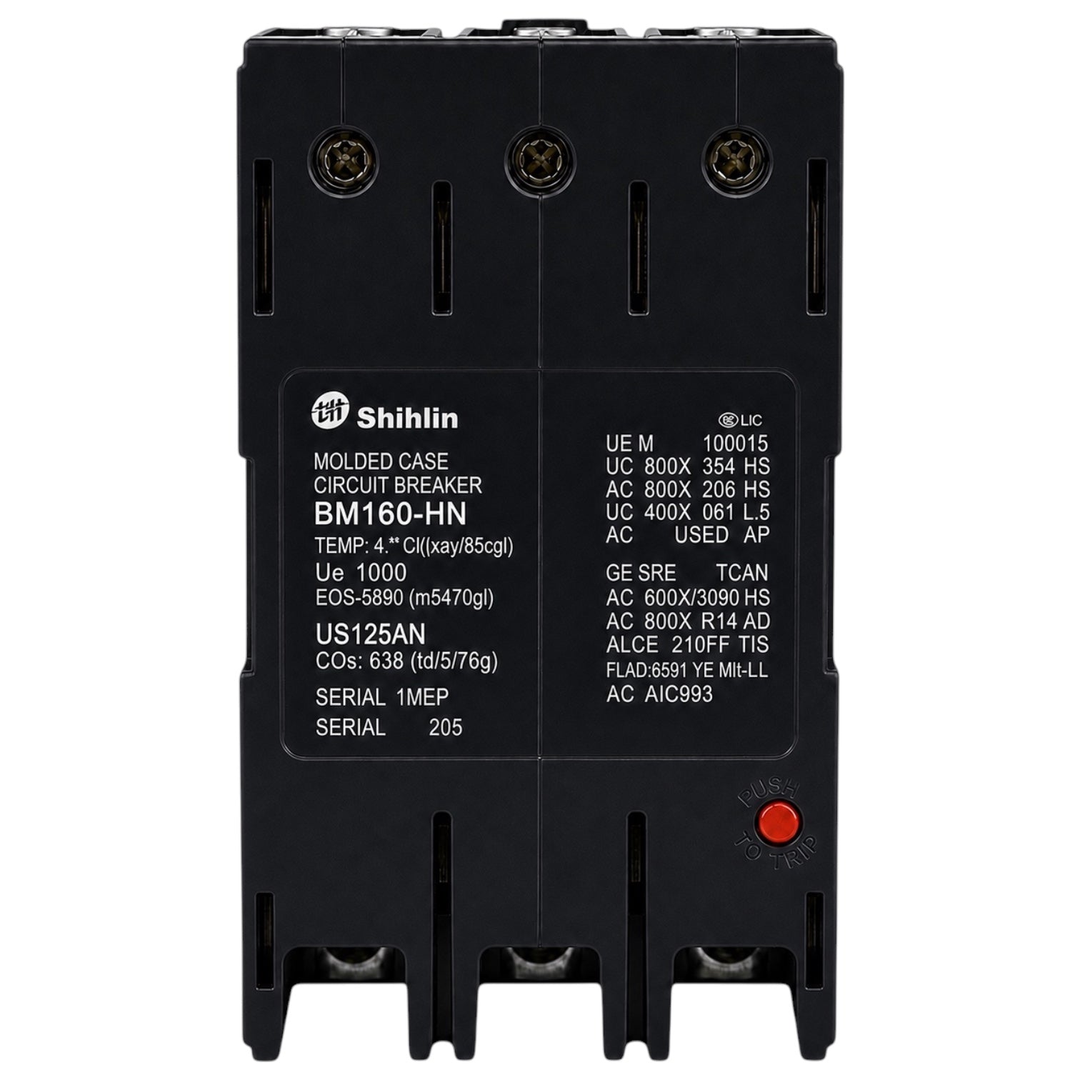 A Shihlin BM160-HN molded circuit breaker in a black plastic case, featuring white technical specifications printed on the front and a small red terminal screw on the lower right.