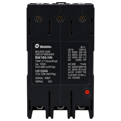 A Shihlin BM160-HN molded circuit breaker in a black plastic case, featuring white technical specifications printed on the front and a small red terminal screw on the lower right.