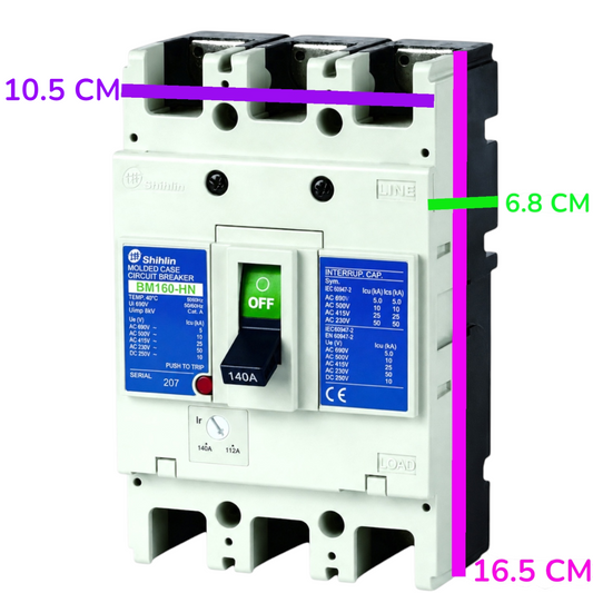 A Shihlin electrical circuit breaker with dimension overlays showing 10.5 cm width, 6.8 cm side depth, and 16.