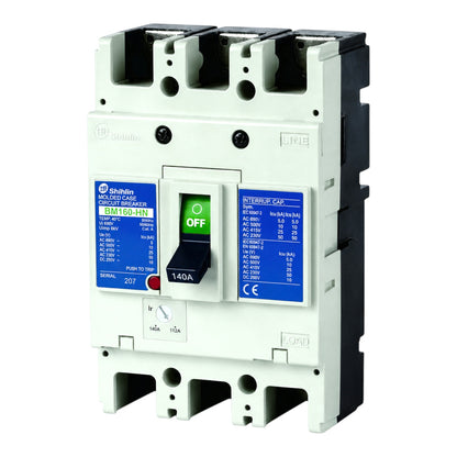 A Shihlin molded circuit breaker, model BM160-HN, featuring a white plastic main housing, black terminal blocks, blue technical specification labels, and a central switch handle in the OFF position with a green 'ON' indicator.