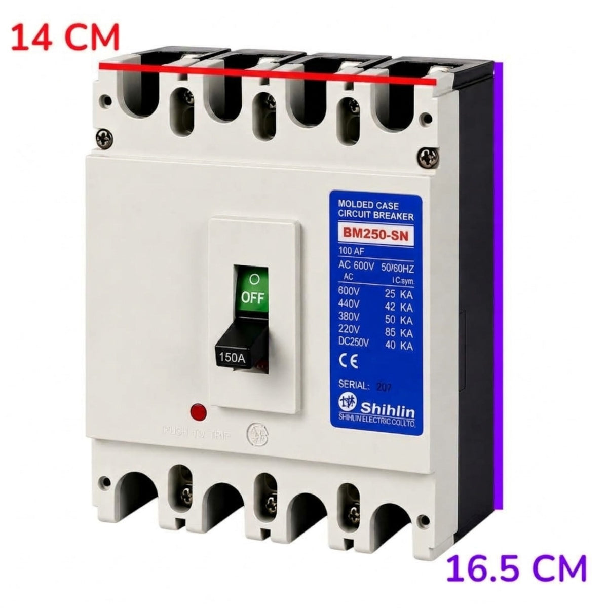 Shihlin DM250-SN molded case circuit breaker, 150A, 380V AC/DC, with a white front, black side and top/bottom, blue technical label, and red power button. Red and purple dimension overlays reading 14 CM and 16.