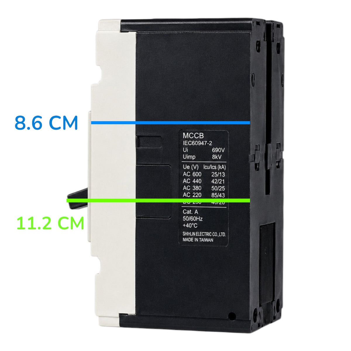 A black and white MCCB electrical switch with dimension overlays showing 8.6 cm and 11.