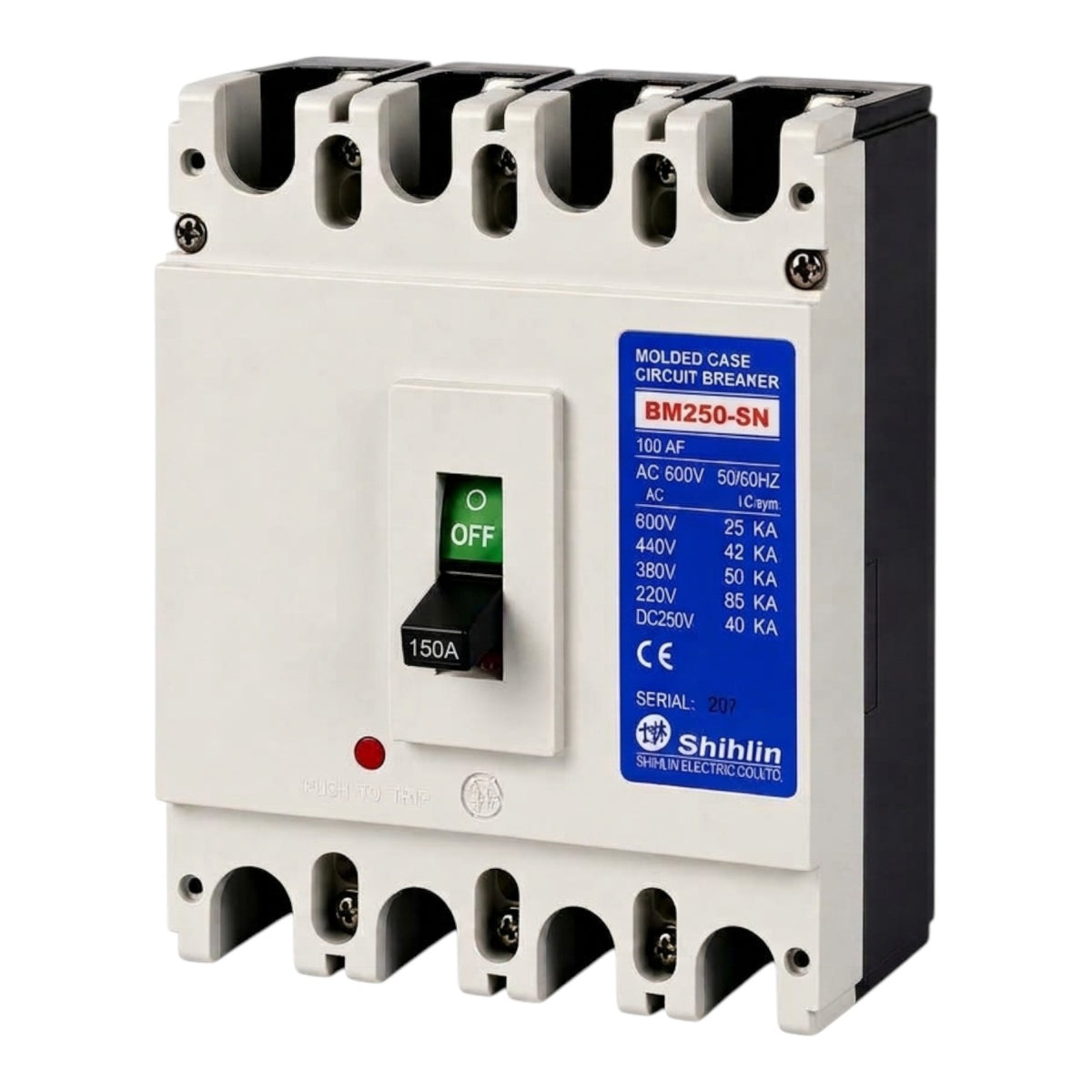 Shiblin BM250-SN molded case circuit breaker with a white front, black side and top/bottom components, a blue specification label, and a black switch with a green 'OFF' position.