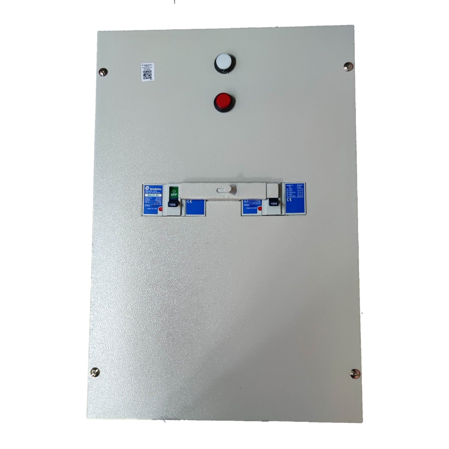 Metal control panel with buttons and labels on a white background