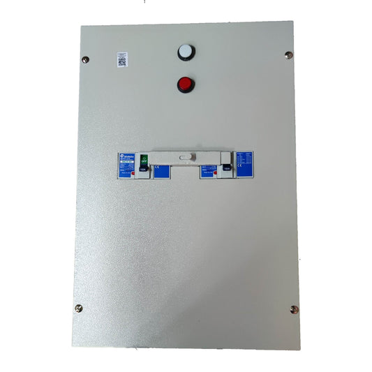 Metal control panel with buttons and labels on a white background