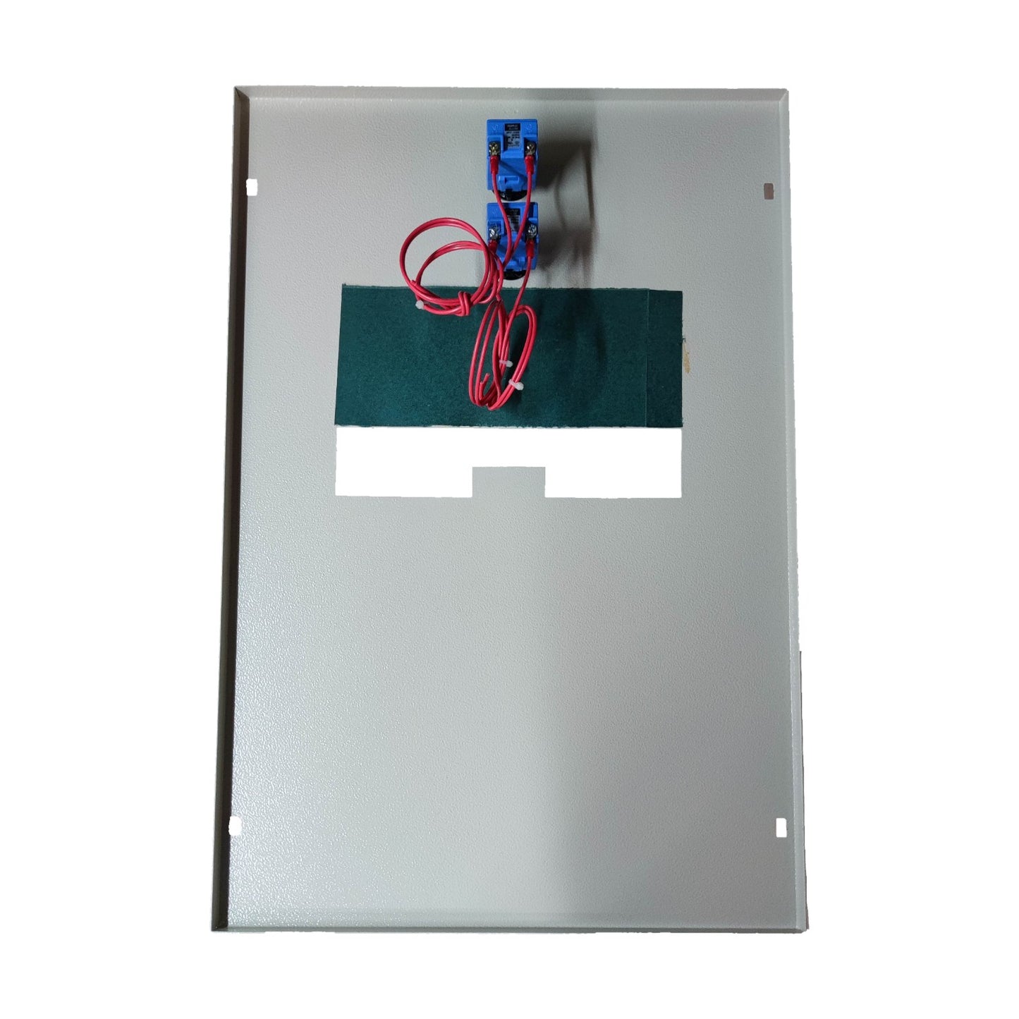 Metallic panel with electrical components on a white background