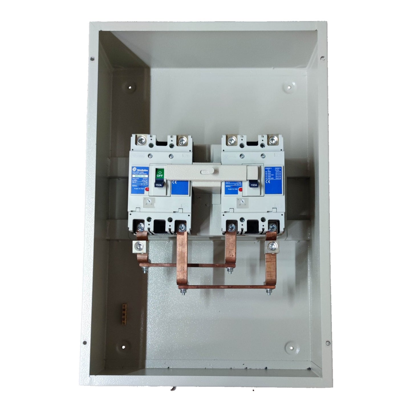 Electrical panel with circuit breakers and copper conduits on a white background