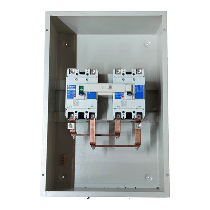 Electrical panel with circuit breakers and copper conduits on a white background