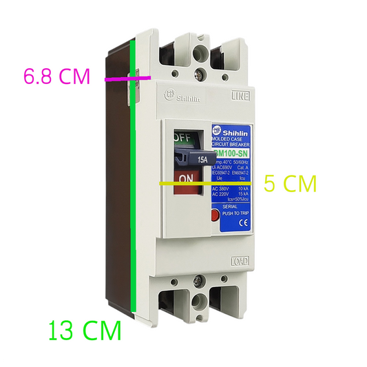 Shinlin LD00-CN 1-pole circuit breaker with dimension annotations showing 6.8 cm, 5 cm, and 13 cm on a white background.