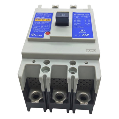 A three-phase plastic circuit breaker with a gray housing, black switch, and blue labels on a white background.