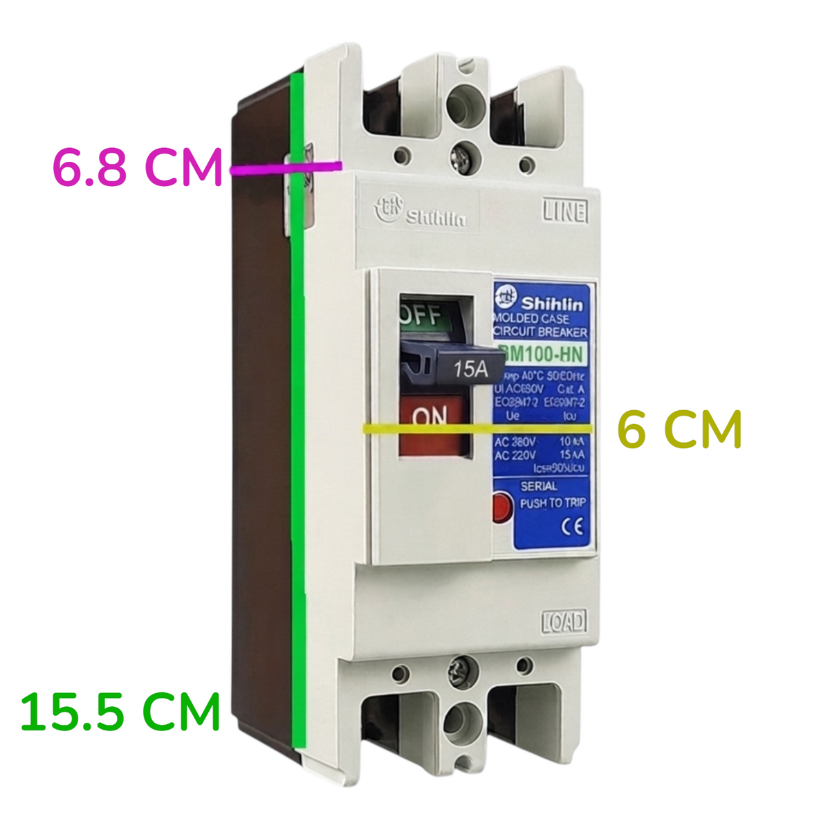Shihlin BM100-HN molded circuit breaker with dimension annotations showing 15.5 cm width, 6 cm on, and 6.