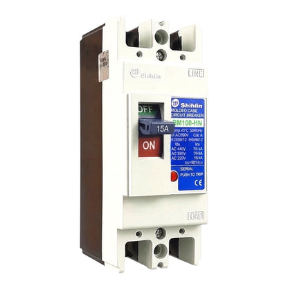 Shihlin BM100-HN AC 220V Molded Circuit Breaker with a white plastic housing, brown side panel, blue and green label, and red ON switch.