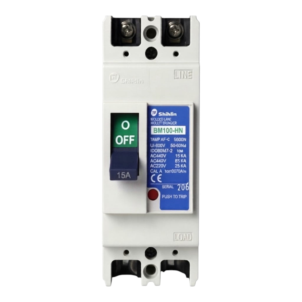 A Shihlin BM100-HN molded circuit breaker with a white plastic housing, featuring a blue and green OFF switch, a blue technical label, and terminal connectors at the top and bottom.