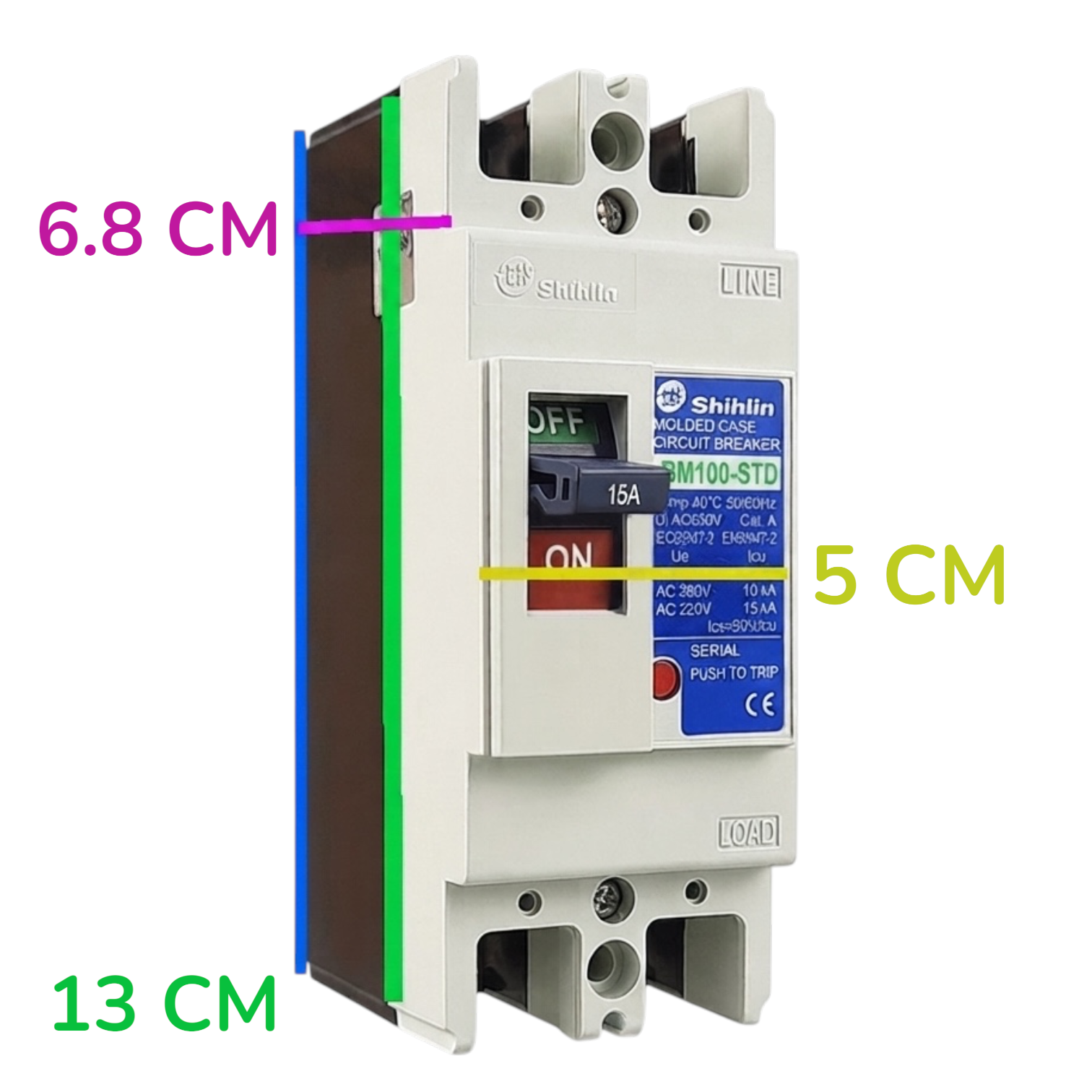 Shihlin M100-STD AC 230V 15A circuit breaker with dimension annotations showing 6.8 cm, 5 cm, and 13 cm measurements on a white background.