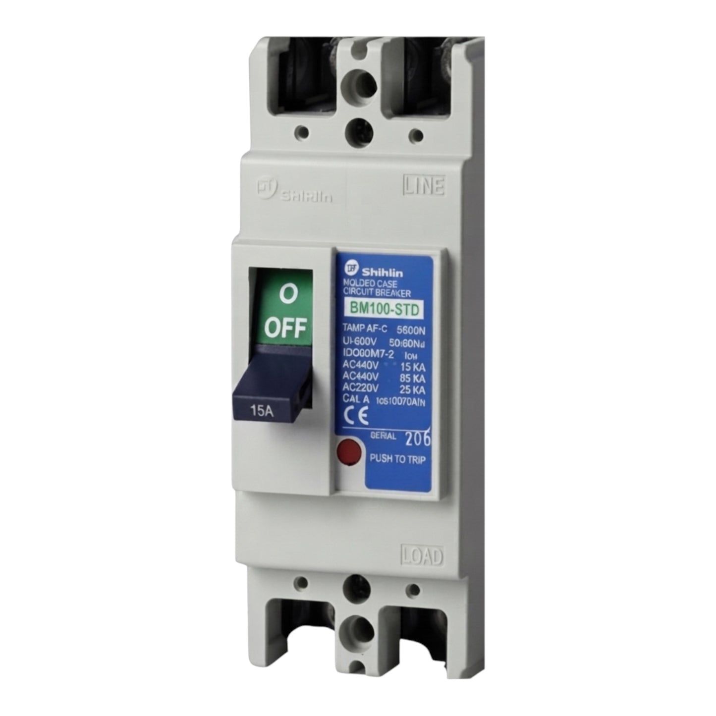 A Shihlin Electric BM100-STD AC circuit breaker with a gray plastic housing, a black and green OFF switch, a blue label, and a red pull tab, shown on a plain white background.