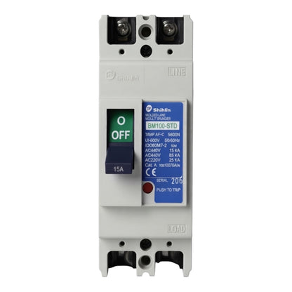 A Shihlin Electric BM100-STD AC circuit breaker with a white plastic housing, a blue and green O-Find switch, and a blue technical specification label.