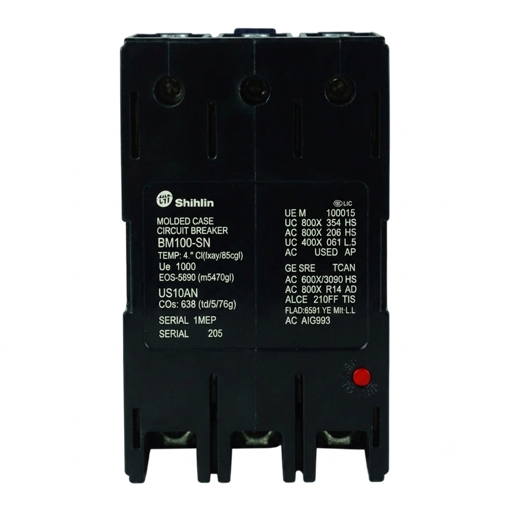 Shihlin BM100-SN molded case circuit breaker, black plastic with white printed technical specifications and a small red indicator light, shown on a plain white background.