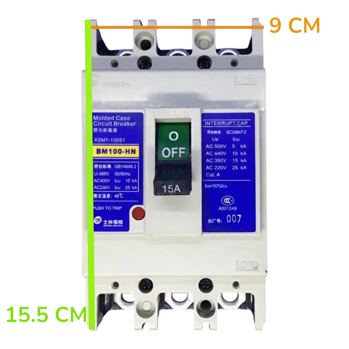 A molded case circuit breaker with dimension annotations showing 9 cm width and 15.5 cm height, on a white background.