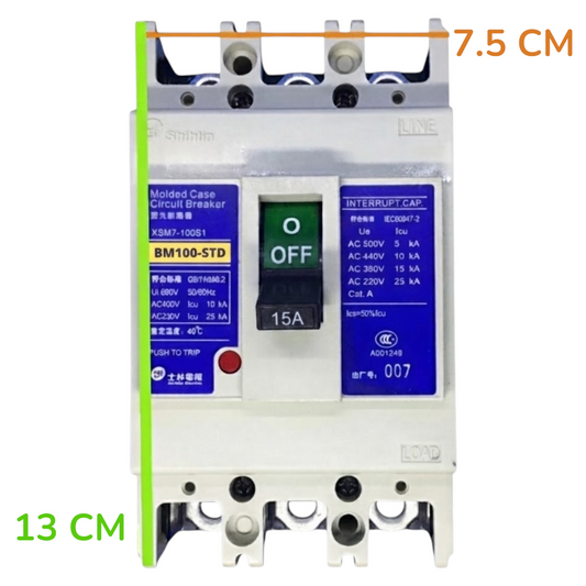 A molded circuit breaker shown front-on against a white background, with measurement annotations indicating 7.5 cm width and 13 cm height.