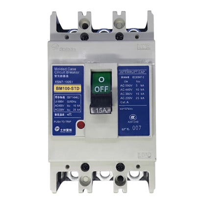 A Shihlin Electric BM100-STD AC circuit breaker with a white plastic housing, a blue and green O-Find switch, and a blue technical specification label.