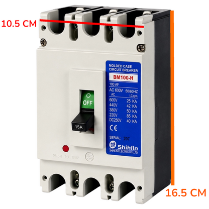 Shihlin BM100-H molded case circuit breaker with dimension annotations showing 10.5 cm width and 16.