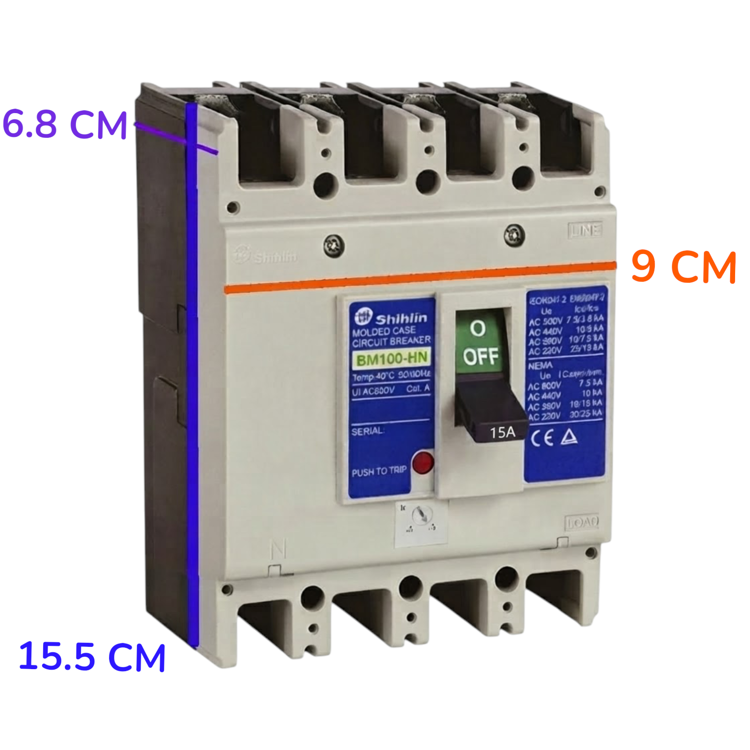 A molded case circuit breaker shown on a white background with measurement annotations: a green vertical line labeled 15.5 CM and an orange horizontal line labeled 9 CM.