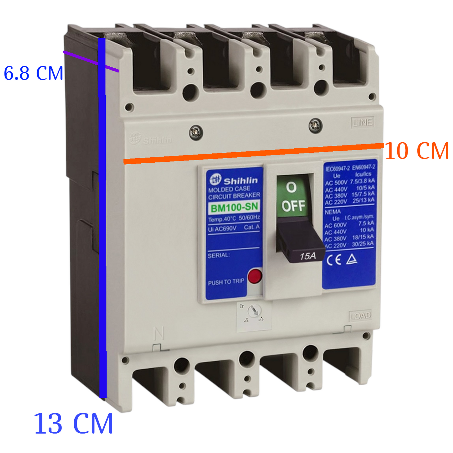 A Shihlin BM100SN 32A AC 230V circuit breaker with dimension annotations showing 6.8 cm, 10 cm, and 13 cm measurements on a white background.