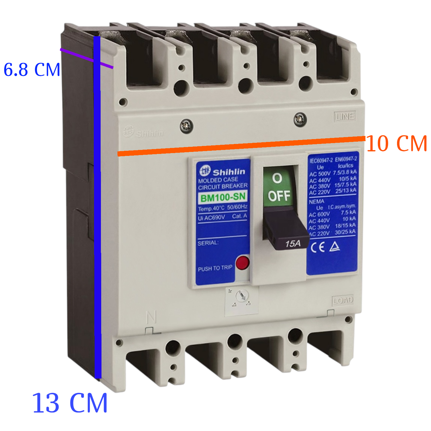 A Shihlin BM100SN 32A AC 230V circuit breaker with dimension annotations showing 6.8 cm, 10 cm, and 13 cm measurements on a white background.