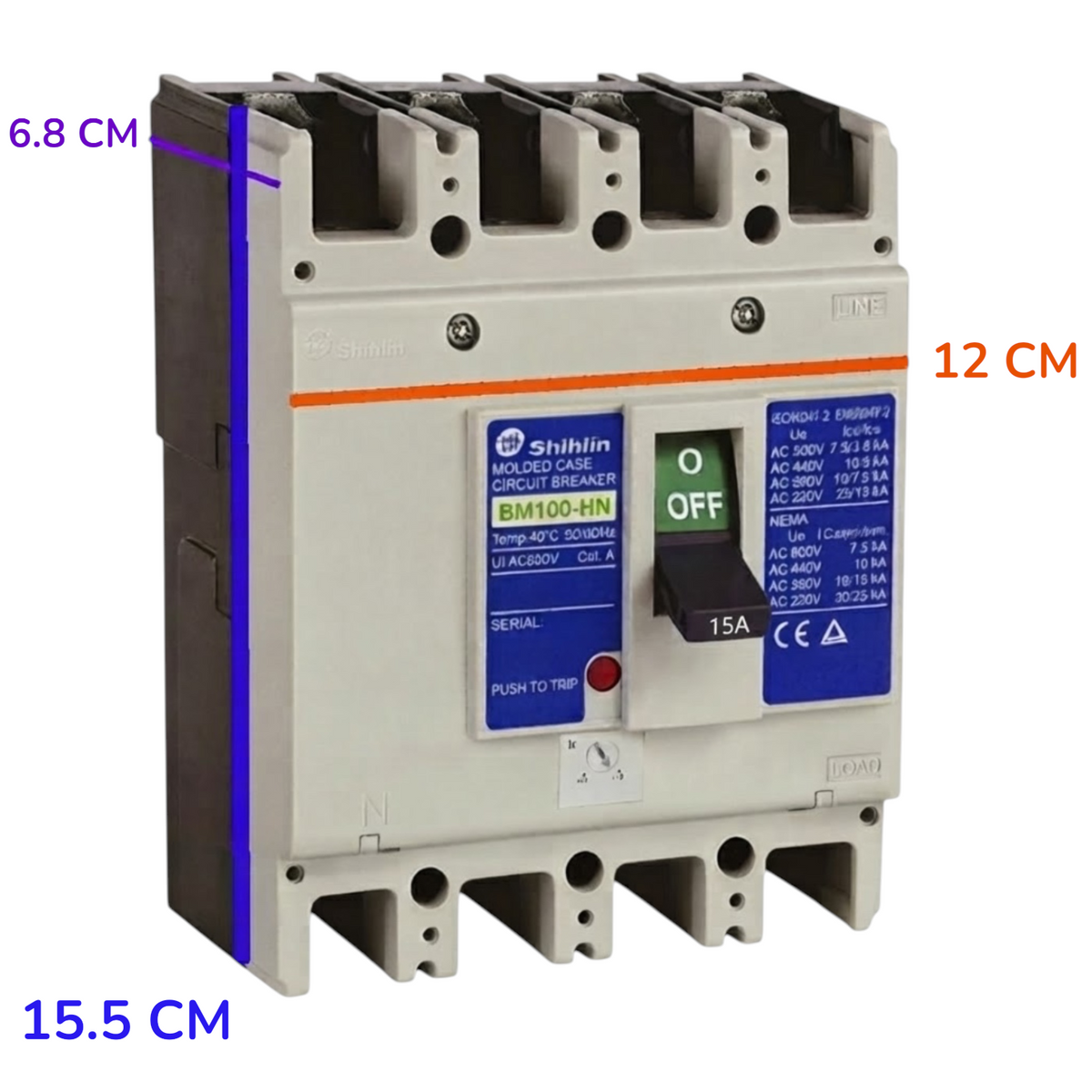 A Shihlin molded circuit breaker with dimension annotations showing 6.8 cm, 12 cm, and 15.