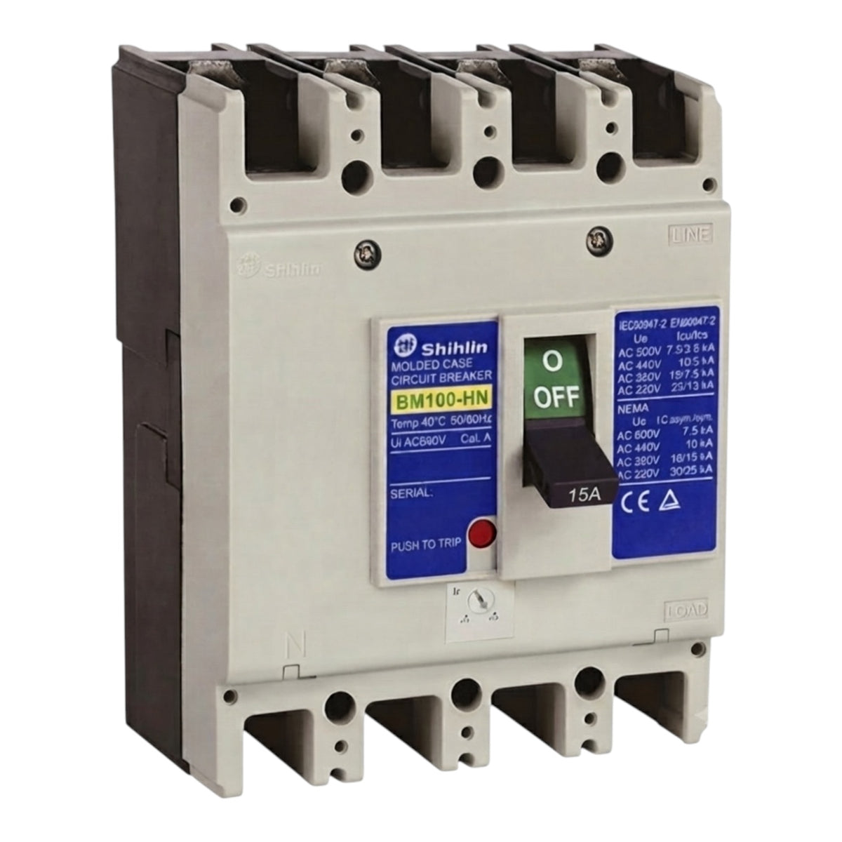 Shihlin BM100-HN molded circuit breaker, AC 240V/480V, 15A, with a beige plastic housing, dark gray terminal blocks, blue and white labels, and a black switch handle.