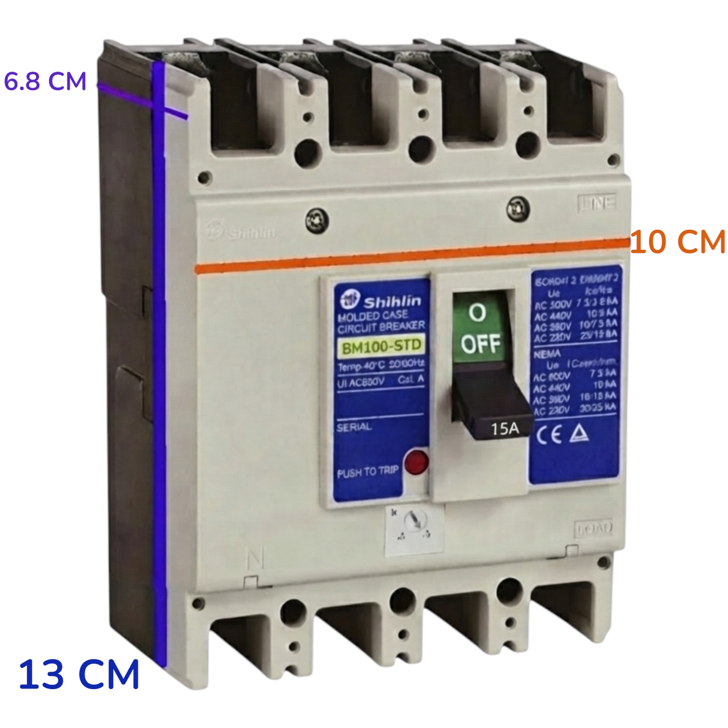 Shilin BM100-STD molded case circuit breaker with dimension annotations showing 6.8 cm, 10 cm, and 13 cm measurements on a white background.