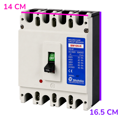 A molded case circuit breaker interrupt capacitor module, model BM100-SN, featuring a white plastic housing with blue and yellow technical labels, a green and black central switch, and terminal connectors at the top and bottom.