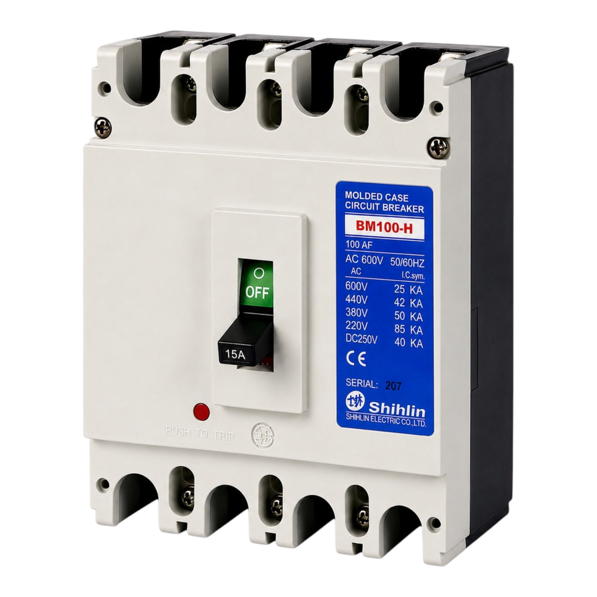 Shihlin BM100-H molded case circuit breaker with a white front, black side housing, and a blue technical specification label.