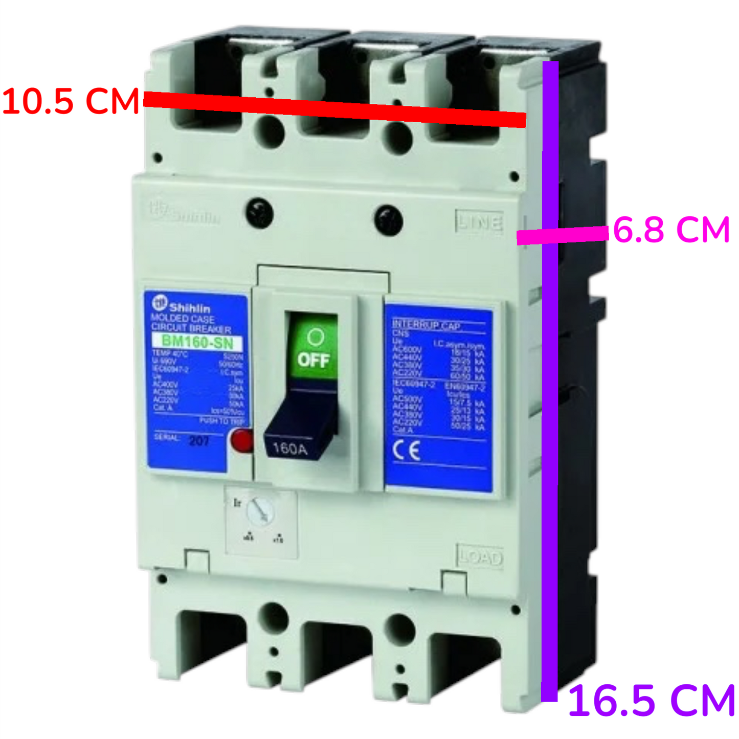 A Shihlin BM160-SN electrical circuit breaker with dimension annotations showing 10.5 cm width, 6.