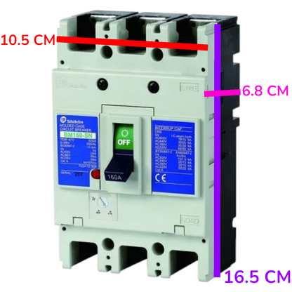 A Shihlin BM160-SN electrical circuit breaker with dimension annotations showing 10.5 cm width, 6.
